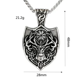 Mens vintage stainless steel viking compass deer pendant necklace size and weight details