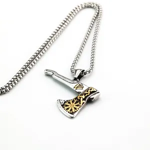 Collier pendentif hache boussole viking en acier inoxydable vintage pour hommes, bijoux rétro.