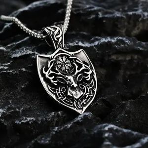 Detailed view of the vintage Viking deer head shield pendant and chain crafted in stainless steel.
