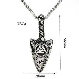 Edelstahl Wikinger Speerspitze Anhänger Halskette mit nordischen Runen und Valknut Symbol.