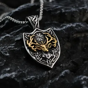 Vintage men stainless steel shield deer head pendant necklace viking amulet jewelry