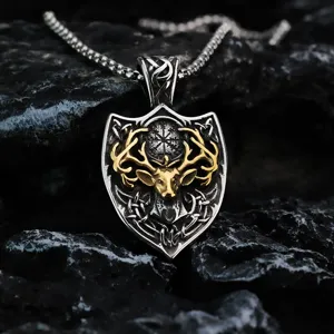 Viking deer head shield pendant detail close up, vintage stainless steel necklace craftsmanship.