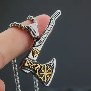 Collier Pendentif Hache Viking Nordique en Acier Inoxydable Vintage pour Hommes Amulette Talisman Boussole Vegvisir Gravée Rétro Bijoux Punk Biker