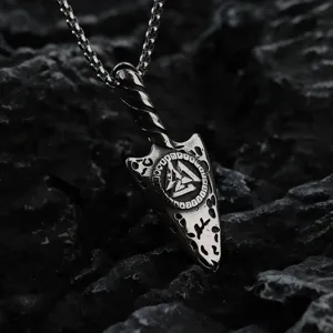 Nordische Retro Edelstahl Pfeilspitze Anhänger Halskette mit Runenkreis und Valknut Symbol.
