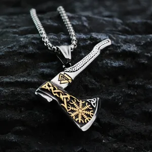 Collier pendentif hache viking en acier inoxydable pour homme avec symbole boussole