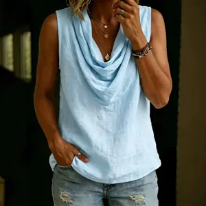 Women summer casual sleeveless blouse solid color cowl neck loose tank top apparel