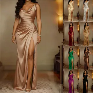 Women's Elegant Cowl Neck Sleeveless High Waist Slit Satin Evening Gown Dress Formal Slim Fit Banquet Party Vinylon Polyester Dress