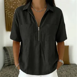 Casual solid color short sleeve V-neck zip collared top with pockets for women summer.