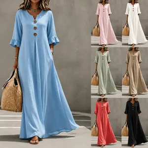 Women Elegant V Neck Button Ruffle Sleeve Dress Casual Loose A-Line Maxi Dress Solid Color Woven Long Dress With Pockets