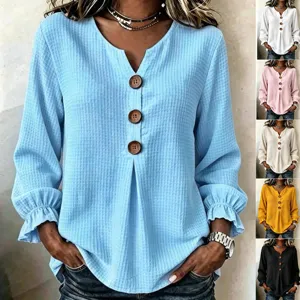Women Casual Waffle Knit Long Sleeve T-Shirt V-Neck Button Up Ruffle Sleeve Top Polyester Solid Color Loose Fitting Apparel