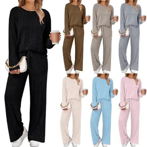 Women's Casual Ribbed Knit 2 Piece Set Round Neck Long Sleeve Top And Drawstring Wide Leg Pants Loungewear Tracksuit