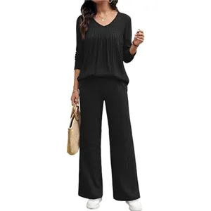 Stylish black ribbed v-neck long sleeve top and wide leg pants two-piece set for women.