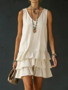 Stylish casual beige sleeveless tiered ruffle mini dress for women summer daily wear chic apparel.
