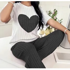 Dames tweedelige loungewear set korte mouw top en geribbelde lange broek casual