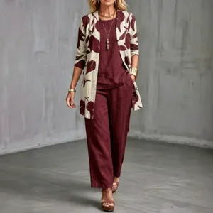 Women casual woven three piece outfit set, tank top, pocket pants, floral print cardigan.