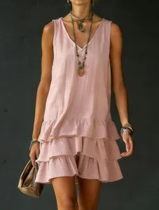 Womens Casual V-Neck Tiered Ruffle Dress Summer Solid Color Sleeveless Mini Dress