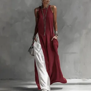 Sleeveless contrast pocket casual maxi dress for women summer chic elegant apparel.
