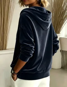 Casual solid color velvet hooded long-sleeve women hoodie detailed back view style.