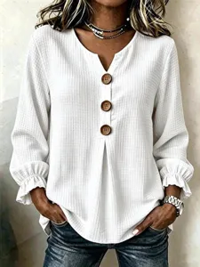 Women casual waffle knit long sleeve V-neck blouse with decorative buttons stylish top