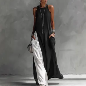 Detail view of a summer sleeveless loose color-block casual vest long dress with pockets.