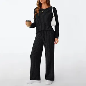 Women ribbed knit long sleeve top wide leg pants loungewear two piece set casual outfit