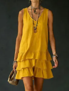 Women solid yellow sleeveless tiered mini dress casual v-neck summer beach vacation dress