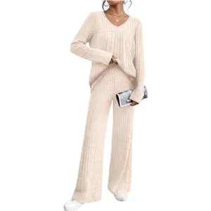 Casual knit ribbed V-neck long sleeve top and wide leg pants loungewear set for women.