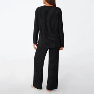 Back detail of women black ribbed knit long sleeve lounge set, casual two piece outfit.