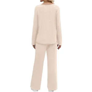 Ribbed knit long sleeve top and wide leg pants loungewear set back view detail shot.