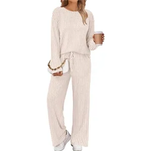 Details of women ribbed knit long sleeve top and wide leg pants casual lounge set.