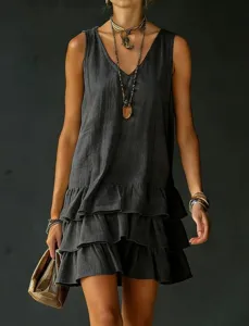 Women summer casual loose solid color v-neck tiered ruffle sleeveless mini dress