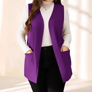 Women casual purple sleeveless vest open front waistcoat stylish layered outerwear top