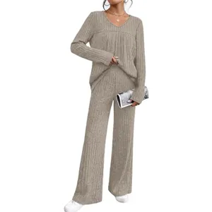 Women ribbed knit two piece set v neck long sleeve top and wide leg pants casual lounge wear