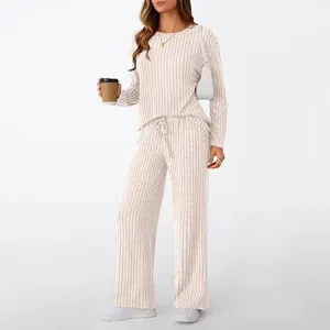 Detailed view of the soft ribbed long sleeve top and wide leg pants loungewear set.