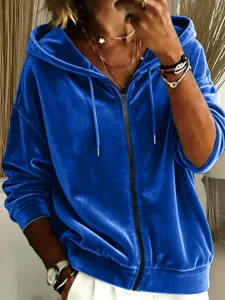 Casual blue velvet zip-up hoodie for women with drawstring and long sleeves daily wear.