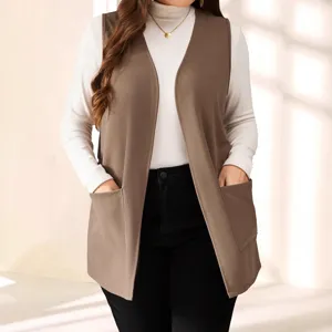 Women's casual sleeveless suit vest outerwear, solid color open front cardigan with pockets.