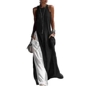Summer casual color block sleeveless loose pocket tank maxi dress for women elegant chic