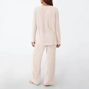 Women ribbed loungewear set casual crewneck long sleeve top and wide leg pants for daily wear
