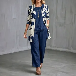 Women's 3-piece woven outfit set with printed long sleeve cardigan vest and trousers
