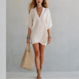 Women V-Neck Loose Solid Color Beach T-Shirt Summer Casual Vacation Tops Wear New