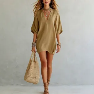 Women V-Neck Loose Solid Color T-Shirt Casual Summer Resort Wear Mini Dress Top