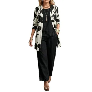 Fashionable woven 3-piece set featuring printed cardigan vest and casual pocket trousers for women.