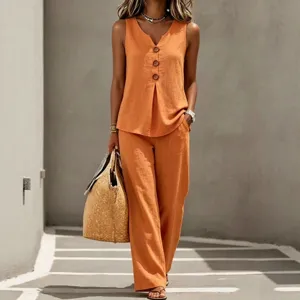 Stylish orange sleeveless V-neck button top and long pants two-piece set for women.
