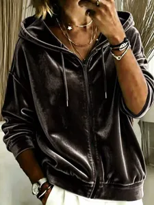 Casual solid color velvet drawstring hooded zip up long sleeve women hoodie for daily wear.