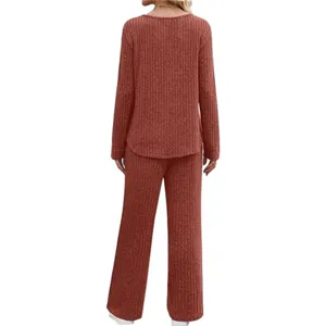 Ribbed long sleeve top and wide leg pants loungewear set back view detail shot.