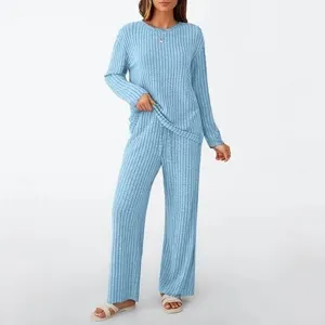 Light blue casual knit lounge set showcasing a crewneck long-sleeve top and matching pants.