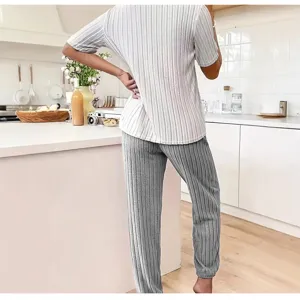 Dames casual gestreepte tweedelige loungewear set korte mouw top en broek voor dagelijks