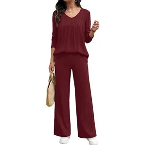 Ribbed knit v-neck long sleeve top wide leg pants two piece lounge set detail view.