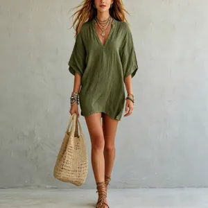 Womens Casual V-Neck Loose Solid Color Vacation Top Summer Beach Fashion Linen Blouse