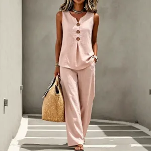 Women linen two piece set V-neck sleeveless top and wide leg pants casual summer outfit